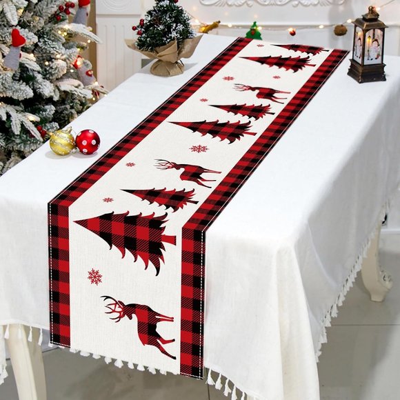 72'' Red Black Buffalo Plaid Christmas Deer Trees Snowflakes Table Runner - Picture 3 of 8